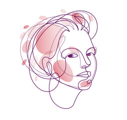 Woman beauty face vector linear illustration, delicate line art of attractive girl portrait, abstract feminine drawing minimal style isolated.