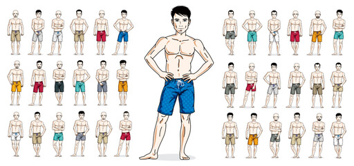 Men in beach shorts vector illustrations big set isolated on white background, attractive and handsome males in full length standing and posing with perfect athletic body, gorgeous people. © Sylverarts