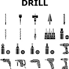 drill equipment construction icons set vector. machine power, industry work, industrial tool, drilling electric technology, repair drill equipment construction glyph pictogram Illustrations