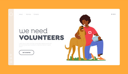 Volunteer Landing Page Template. Friendly Character Feeding Dog in Animal Shelter or Pound. Woman Giving Food to Puppy