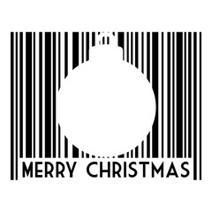Logo con texto Merry Christmas con código de barras con líneas con silueta de bola de navidad en espacio negativo