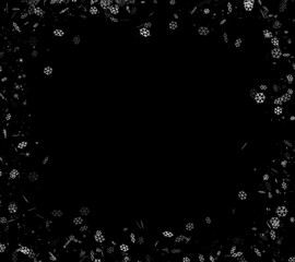 Snow on a black background in a frame. Flying snowflakes. The effect of superimposing a frame with...
