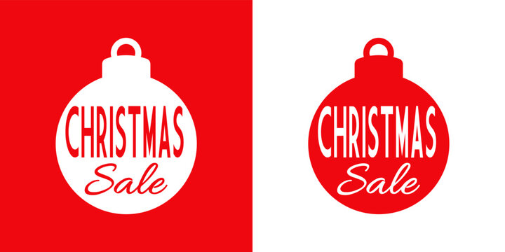 Logo con silueta de bola de navidad con líneas con texto manuscrito Christmas Sale en fondo rojo y fondo blanco