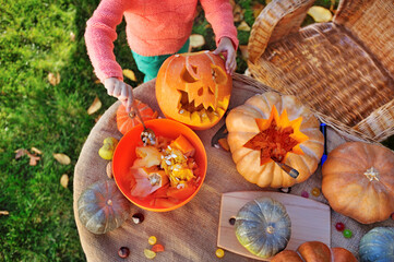 Top view picture of carved pumpking on the table