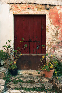 Weathered red wooden door and pink plaster wall with pot plants in front.