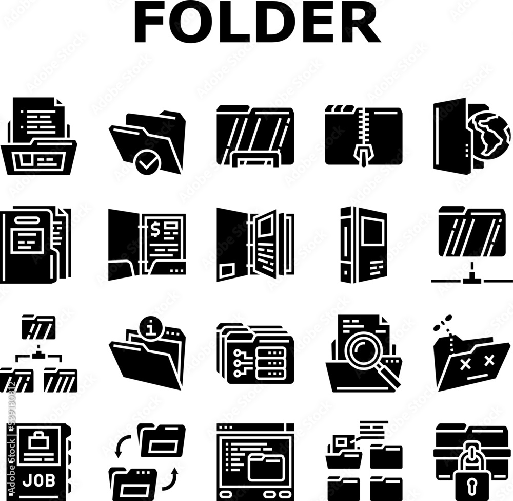 Poster folder paper business file empty icons set vector. blank open, office template, document information