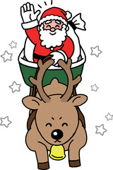 サンタクロースが乗ったソリを引くトナカイのクリスマスイラスト