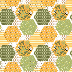 Bee honey pattern. Bee honeycomb seamless pattern. Beekeeping background. Honeybee vector print. Floral honey hexagon design, wrapping paper, fabric, wallpaper. Sweet honey bee illustration - obrazy, fototapety, plakaty