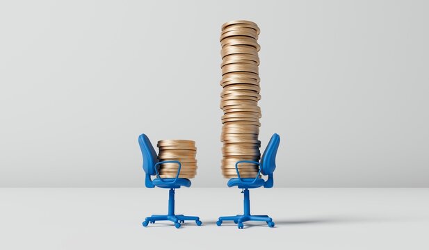 Office chair with a stack of coins. Career promotion wages and salary concept. 3D Rendering - Powered by Adobe