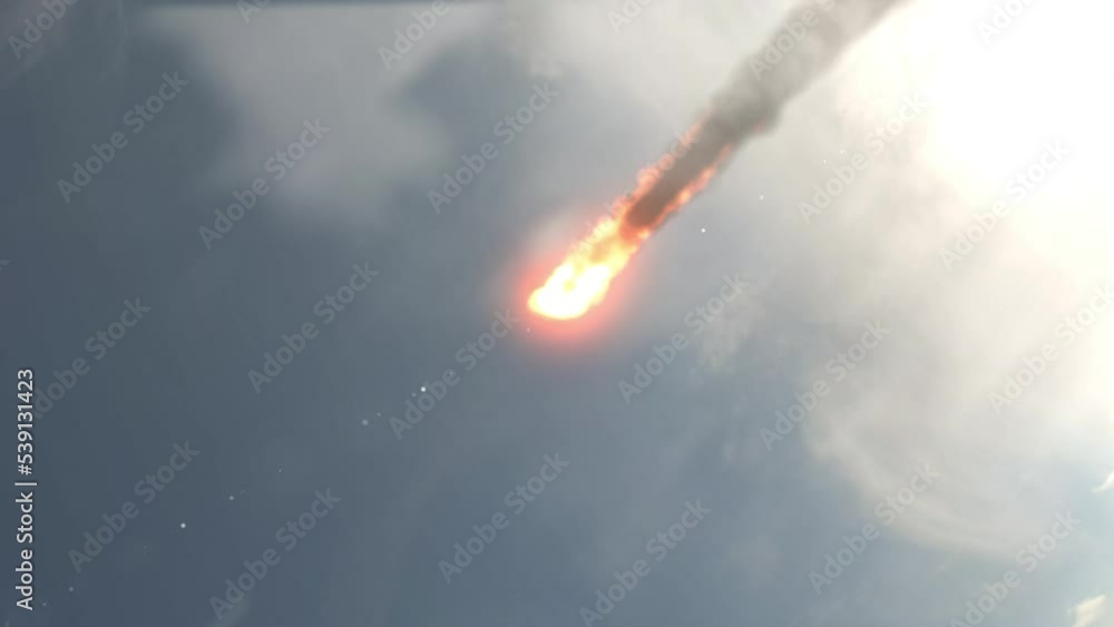 Wall mural fast blazing meteor enters earth atmosphere and clouds global threat of asteroid impact, war or miss