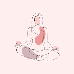 Yoga. Yoga position one line drawing. Minimalist style vector design illustration. Girl in the lotus position. Relax. Meditation. One line style. Continuous line drawing. Hand-drawn contour lines.