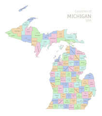 Counties of Michigan, administrative map of USA federal state. Highly detailed color map of American region with territory borders and counties names labeled realistic vector illustration