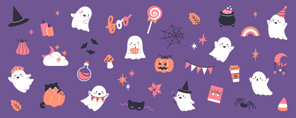 Collection of Halloween illustrations with ghosts, pumpkins, bats and other traditional decorations. Vector banner design