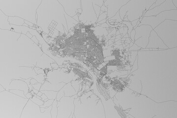 Map of the streets of Niamey (Niger) made with black lines on grey paper. Top view. 3d render, illustration