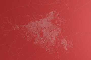 Map of the streets of Juba (South Sudan) made with white lines on red paper. Top view, rough background. 3d render, illustration