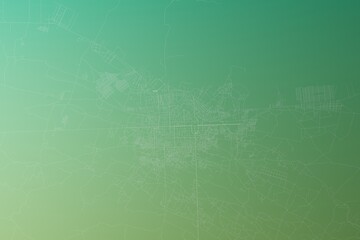 Map of the streets of Herat (Afghanistan) made with white lines on yellowish green gradient background. Top view. 3d render, illustration