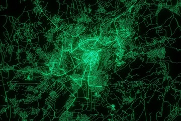 Map of the streets of Yerevan (Armenia) made with green illumination and glow effect. Top view on roads network. 3d render, illustration