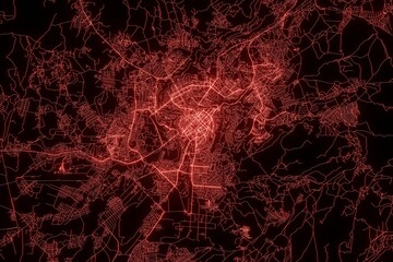 Street map of Yerevan (Armenia) made with red illumination and glow effect. Top view on roads network. 3d render, illustration