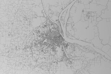 Map of the streets of Phnom Penh (Cambodia) made with black lines on grey paper. Top view. 3d render, illustration