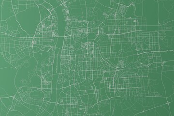 Stylized map of the streets of Changsha (China) made with white lines on green background. Top view. 3d render, illustration