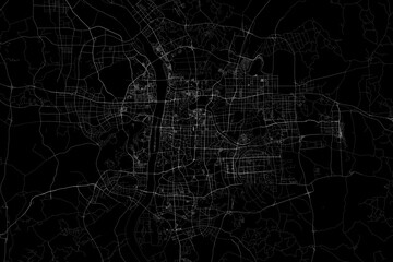 Stylized map of the streets of Changsha (China) made with white lines on black background. Top view. 3d render, illustration
