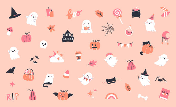 Collection of Halloween illustrations with ghosts, pumpkins, bats and other traditional decorations. Vector banner design