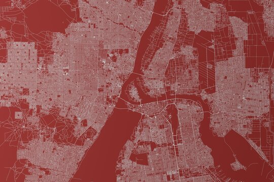 Map of the streets of Khartoum and Omdurman (Sudan) made with white lines on red background. Top view. 3d render, illustration