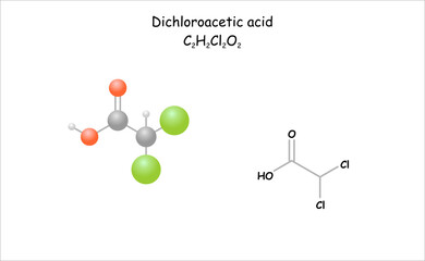 Stylized molecule model/structural formula of dichloroacetic acid.