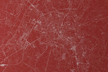 Fototapeta premium Map of the streets of Salzburg (Austria) made with white lines on red background. Top view. 3d render, illustration