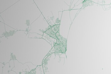 Map of the streets of Burgas (Bulgaria) made with green lines on white paper. 3d render, illustration