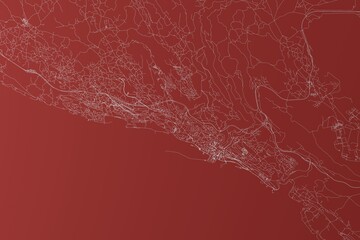 Map of the streets of Rijeka (Croatia) made with white lines on red background. Top view. 3d render, illustration