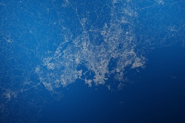 Stylized map of the streets of Helsinki (Finland) made with white lines on abstract blue background lit by two lights. Top view. 3d render, illustration