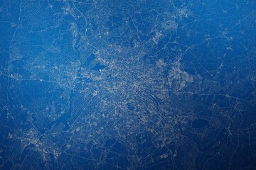 Stylized map of the streets of Berlin (Germany) made with white lines on abstract blue background lit by two lights. Top view. 3d render, illustration - obrazy, fototapety, plakaty