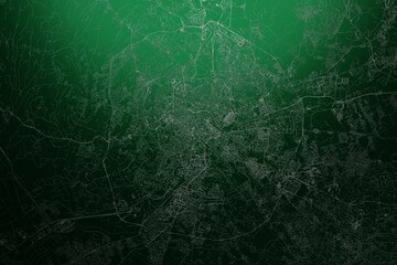 Street map of Rome (Italy) engraved on green metal background. Light is coming from top. 3d render, illustration