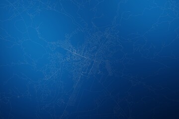 Stylized map of the streets of Podgorica (Montenegro) made with white lines on abstract blue background lit by two lights. Top view. 3d render, illustration