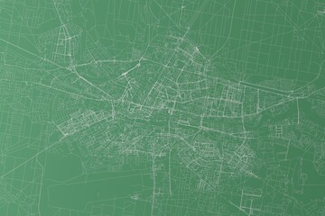 Stylized map of the streets of Bydgoszcz (Poland) made with white lines on green background. Top view. 3d render, illustration
