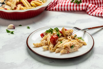Trend Feta pasta recipe made of cherry tomatoes, feta cheese, garlic and herbs. cooking recipe ingredients, place for text, top view