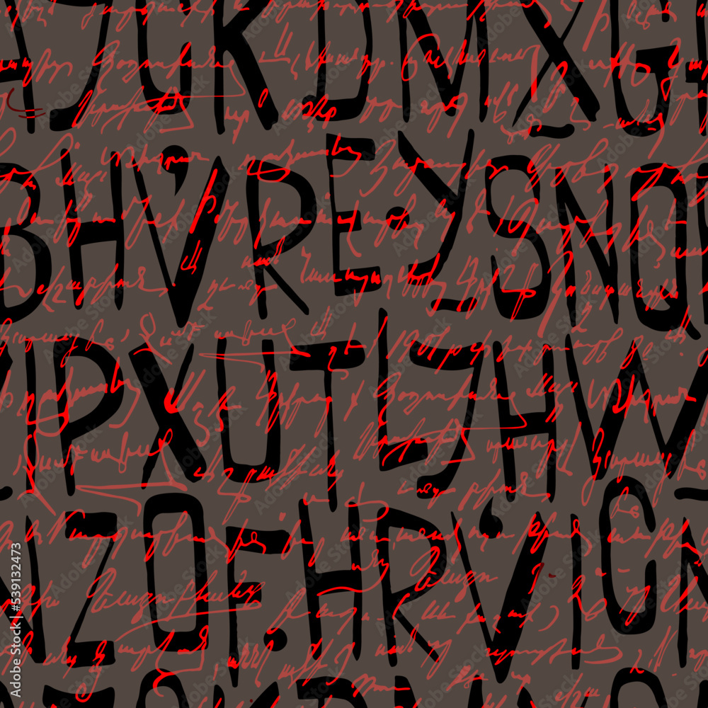 Poster latin letters and hand written inscriptions. scribbles. seamless vector pattern.