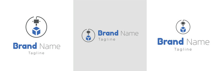 3D printer logo design set, three-dimensional printing symbol, modern technology emblem concept, plastic print editable commercial logotype, innovative robot machine branding, isolated on background