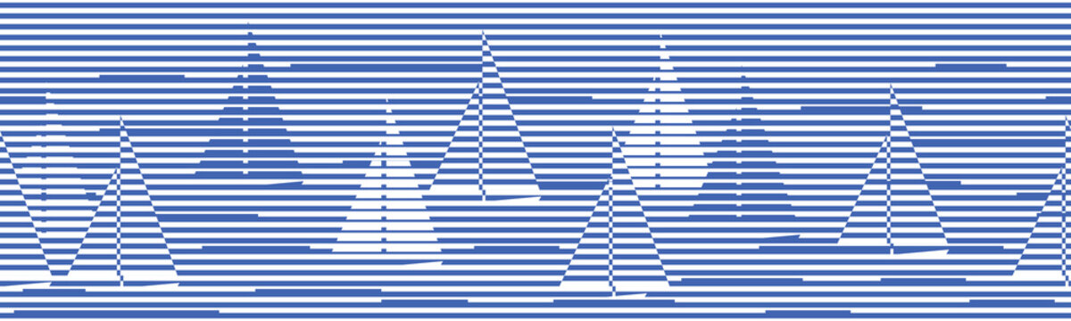 Sail boats in the sea. Stylized marine striped background. Seamless ribbon border. Vector illustration.