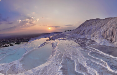 Pamukkale Travertines Cinematic Aerial Drone footage. Turkish famous white thermal bath with...