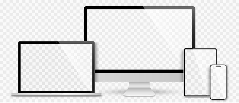 Realistic set computer, laptop, tablet and smartphone. Device screen mockup collection. Realistic mock up computer, laptop, tablet, phone with shadow- stock vector.