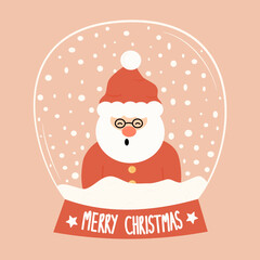 cute cartoon hand drawn merry christmas vector card with snow globe with santa claus