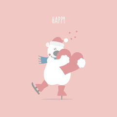 cute and lovely hand drawn teddy bear hugging heart with ice skate, happy valentine's day, love concept, flat vector illustration cartoon character costume design