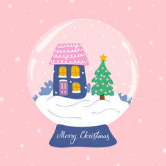 Glass snow globe with cottage, fir tree and snow. Winter holidays symbol. Merry Christmas and Happy New Year wishes. Vector illustration.