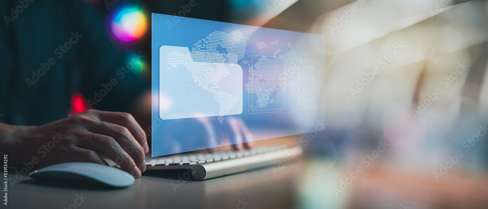 Poster Document management concept. Virtual screen icons Document Management System. Online document database,Hand businessman show folder and document electronic use laptop. document. global information. 