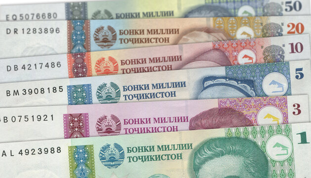 Paper money from Tajikistan. Tajikistani somoni. Close up banknotes from Tajikistan.