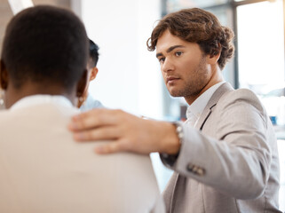 Depression, mental health and business people in a support group for therapy for a stressed African...
