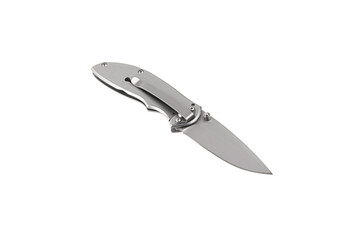 Pocket folding knife isolate on white back. Compact metal sharp knife with a folding blade.