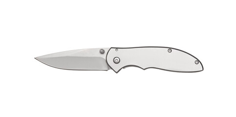 Pocket folding knife isolate on white back. Compact metal sharp knife with a folding blade.